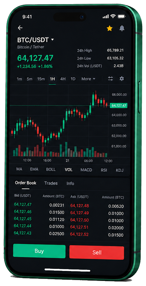 Robuste Gagélure trading platform on mobile — live BTC/USDT chart, order book, and buy/sell interface